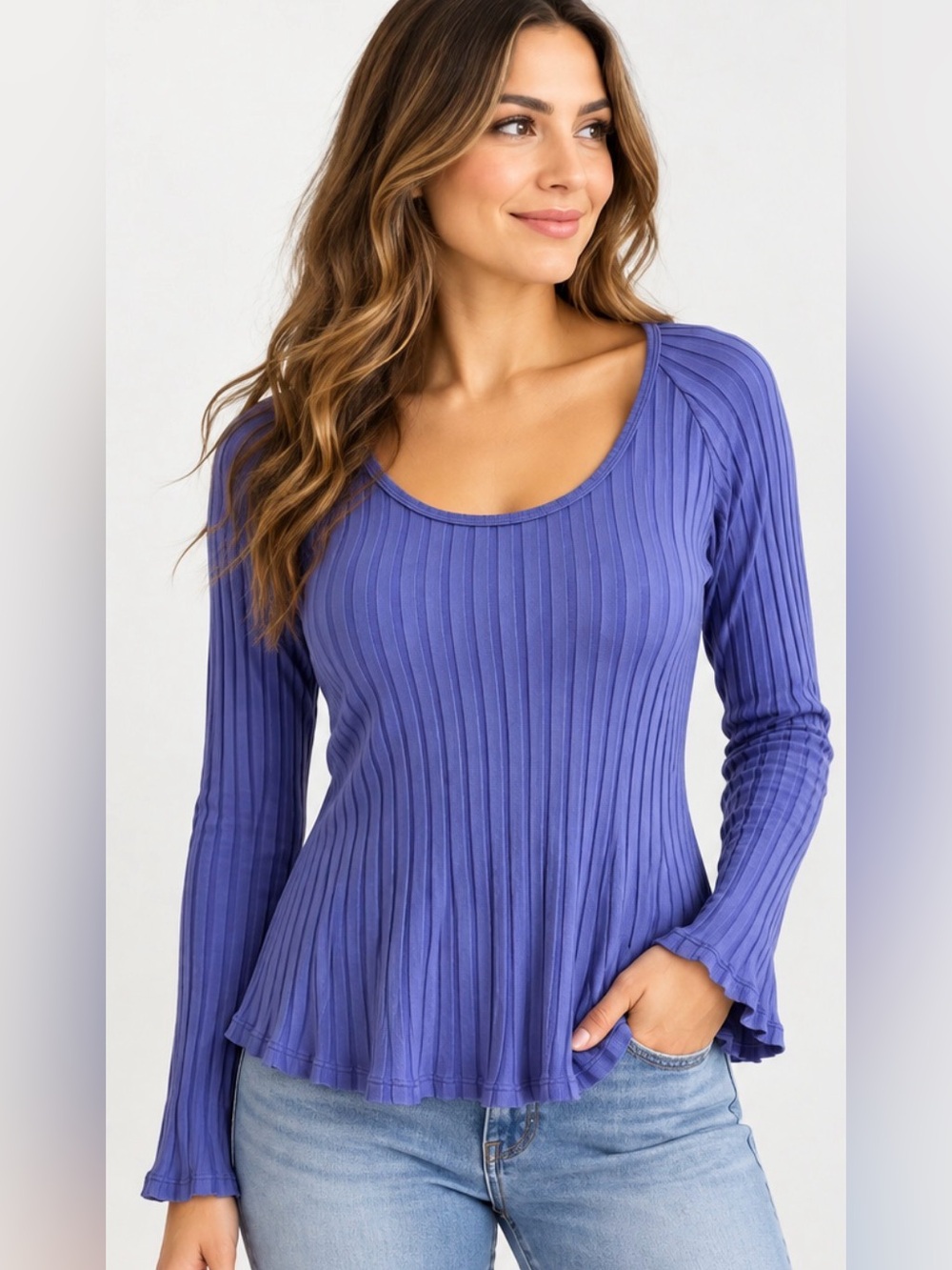 NWT Women’s Purple Ribbed Scoop Neck Long Sleeve Flowy Top Size X1